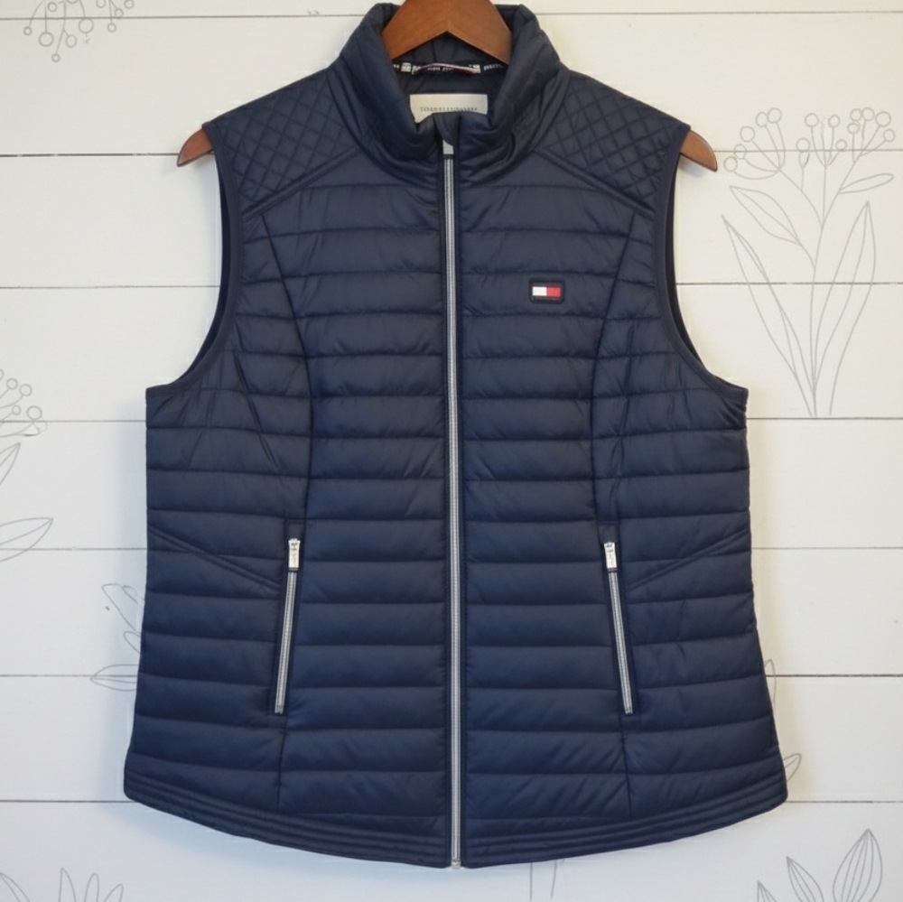 Tommy Hilfiger Women's Sport Quilted Puffer Vest Full Zip Navy Blue Size XL